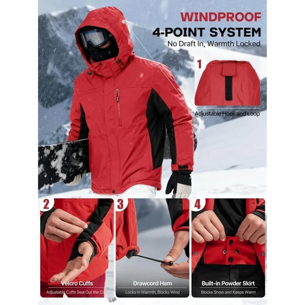 Men's Red Black Waterproof Ski Snow Fleece Lined Warm Winter Rain Jacket